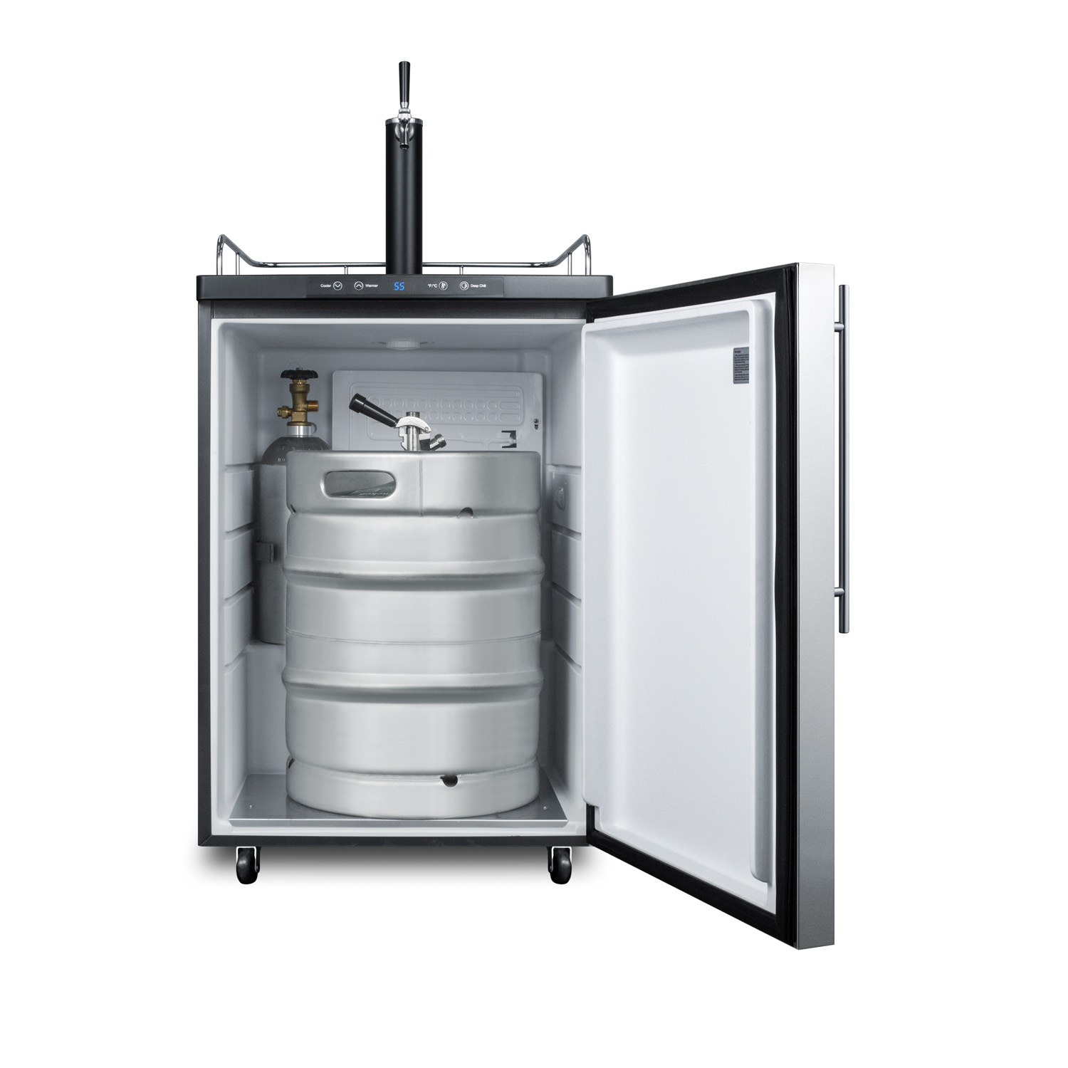 Freestanding residential beer dispenser, auto defrost with digital thermostat, stainless steel wrapped door, thin handle and black cabinet